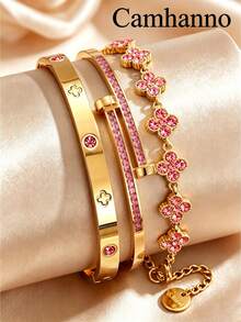 Camhanno 3pcs Luxury Stainless Steel Clover Colorful Open Bangle Set, Waterproof & Fade-Resistant, Girls Gift Jewelry - Pink - View 2