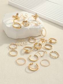 Juego de 23 piezas de anillos apilables vintage dorados, serpiente, perla falsa, ola, geométrico, cadena, anillos mixtos de varias capas para mujeres - Dorado - Ver 3