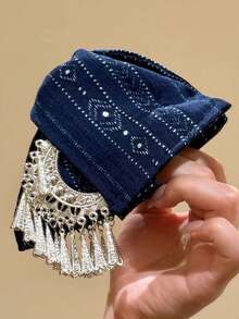 1pc Women's Sweet Elegant Navy Blue Printed Silver Ornament Tassel Hair Claw Clip, Bohemian Exotic Travel Daily Vintage Atmosphere Headpiece - Multicolor - View 6