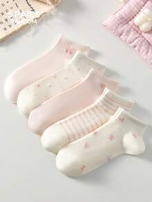5雙女款可愛甜美透氣櫻桃蝴蝶結圓點愛心條紋短隱形襪，休閒短襪中筒襪，適合春夏穿著 - 彩色 - 查看 8