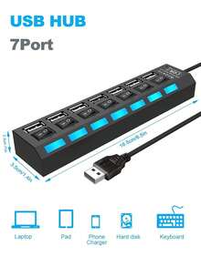 4口/7口 USB Hub，USB 2.0 集線器轉接器，多功能 7 合 1 集線器，USB 切換便攜分線器轉接器，適用於電腦、筆記本電腦、手機、USB 隨身碟、滑鼠、讀卡機、鍵盤、遊戲設備、MP3 播放器、硬碟等。支持 PC、Apple 筆電、Pro、Mini、Surface Pro、手機 OTG 轉接器、印表機、相機、USB 風扇或任何其他 USB 外設。更多功能即將推出。 - 黑色 - 查看 12