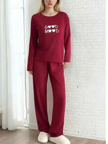 Women's Printed Pajama Set Fabric Soft Breathable Comfortable Sleepwear and Loungewear Set - 紅色 - 查看 3