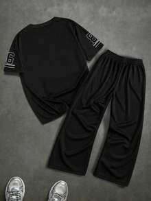 Fractyr Men's Street Casual 2 Pieces Set, Black Loose T-Shirt With LA Calligraphy '86' Sleeve Print + Drawstring Waist Pants, Retro Sporty Style - Black - View 6