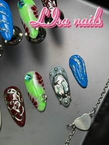 10pcs Handmade Full Coverage Almond Shaped Press-On Nails, Green, Blue, Lime Green Colors, Wild Bold Vintage Y2K Style, Reusable, 4 Sizes Available, Suitable For Party And Daily Wear, Includes Jelly Glue And Nail File - Multicolor - View 6