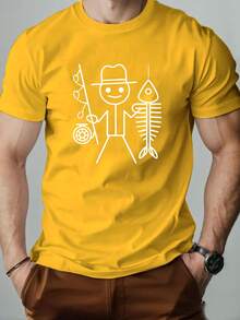 Men's Short-Sleeved Casual Summer T-Shirt With A Stickman Holding A Fishing Rod Pattern T Shirt - 黑色 - 查看 8