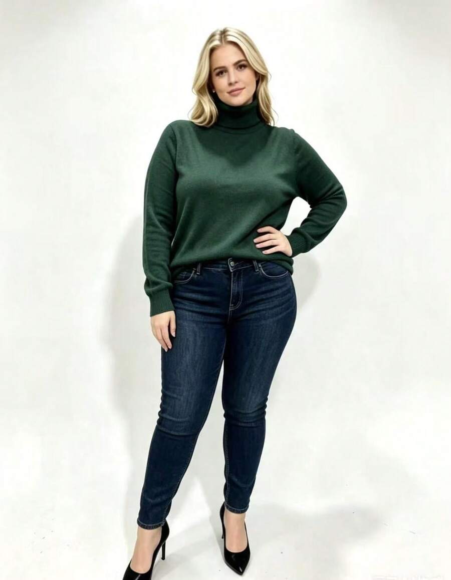Steve Store Women's Knit Turtleneck Plus Size Elastane Sweater Long Sleeve Basic Winter Blouse Elegant Fashion - Verde escuro - 查看 1