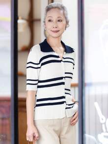 女款時尚條紋針織 Polo 上衣，對比領扣領上衣，適合萬聖節、感恩節、聖誕節節日穿搭 - 白色 - 查看 3