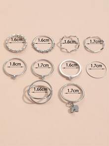 Set de 10 anillos finos plateados minimalistas estilo Ins, anillos apilables con corazón hueco, onda, estrella y strass, anillos de dedo índice elegantes y sencillos para mujer - Plateado - Ver 6