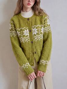 Alicedudu Women's Autumn/Winter Atmosphere Pattern Round Neck Wool Blend Cardigan Sweater - Green - View 4