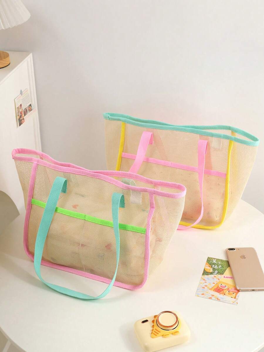 Bolso de mano minimalista de malla para mujer de verano, bolsa de almacenamiento multifuncional para viajes, bolsa de aseo portátil, bolsa de playa, bolsa de compras de gran capacidad para supermercado, para almacenamiento de cosméticos y artículos de tocador, mejor regalo para pareja y mamá, esencial para viajes al aire libre, imprescindible para compras - Multicolor - Ver 1