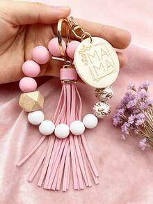 Fashionable Leopard Print Wooden Bead Bracelet Keychain With "Mom" Tag - Perfect Mother's Day And Birthday Gift, Personalized Bag Charm - Multicolor - View 4
