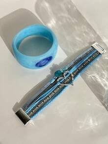 2件/1套波希米亞風多層皮革水鑽愛心藍色手鍊組，個性時尚女款可疊戴手鍊，適合派對度假珠寶 - 彩色 - 查看 7