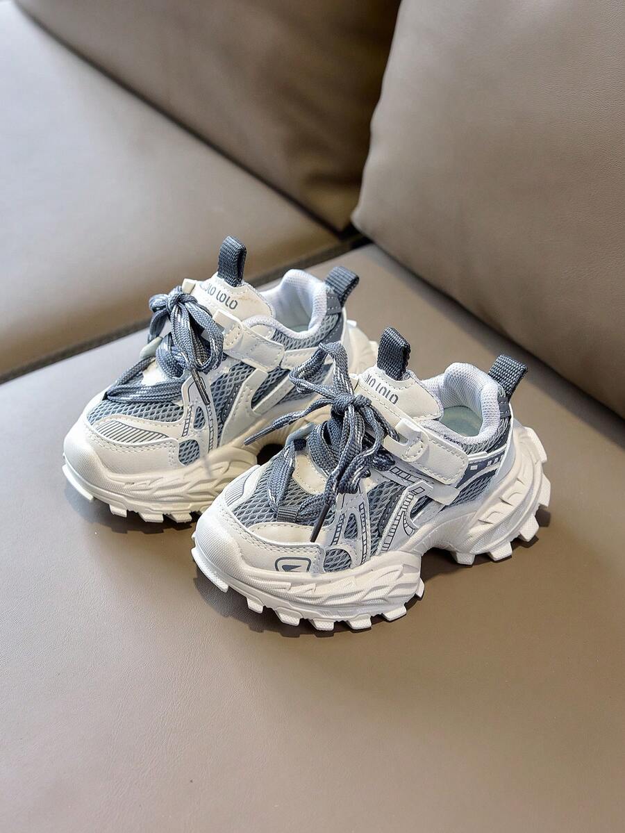 1 Pair Kids Colorblock Mesh Chunky Sneakers, Breathable, Round Toe Mid-Top With Hook And Loop Strap, Thick Sole Height-Increasing, Versatile School Shoes For Back To School Season - Grey - View 1