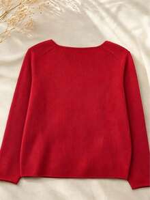 Women's Soft Green Round Neck Sweater, Vintage Fresh, Casual For Spring, Lightweight Solid Color Polyester Ribbed Long Sleeve Sweater For Spring/Autumn Red - Red - View 8