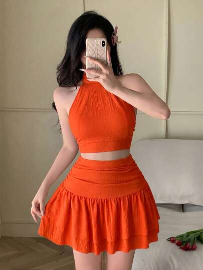 abyoxi Orange Halter Tie Back Smocked Crop Top & Tiered Ruffle Mini Skirt Two Pieces Set Solid Color Casual Party Cute Ruffle Evening Date Vacation Daily