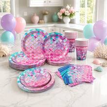 73/25/16pcs Mermaid Gold Foil Scale Disposable Plates, Napkins, Cups Set, Party Supplies For 16 Guests, Disposable Paper Plates Party Tableware Suitable For Birthday, Wedding, Party, Family Picnic - Pink - View 1