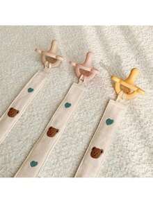 1pc Infant Pacifier Clip With Wooden Bead, Heart Bear Design, Cartoon Embroidery, Teether, Hanging Rope Anti-Drop Chain - White - View 2