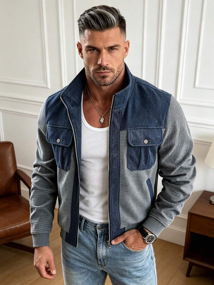 Men's Autumn/Winter Casual Zip-Up Long Sleeve Utility Jacket - Grey - View 1