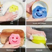 8/4/3/1pc Multi-Color Smiling Face/Flower Sponge, Surface Color Coded (Pink, Yellow, Green, Blue), With Hanging Hole. This Multi-Functional Household Cleaning Cloth Can Easily Meet Various Daily Cleaning Needs. - A - View 5