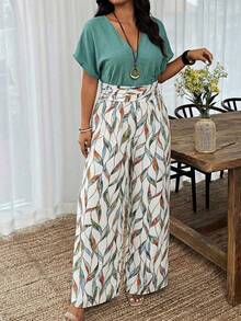 Weeklong Pantalones de pierna recta con cintura ceñida, estampado floral de unicolor, adecuados para uso diario y vacaciones, talla grande para mujeres con cuello en V - Multicolor 2 - Ver 1