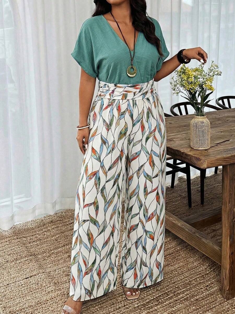 Weeklong Pantalones de pierna recta con cintura ceñida, estampado floral de unicolor, adecuados para uso diario y vacaciones, talla grande para mujeres con cuello en V - Multicolor 2 - Ver 1