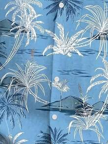 Hawaiian Coconut Tree Print Button-Down Short Sleeve Shirt, Plus Size Men - Baby Blue - View 5