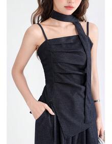優雅時尚百褶不對稱開衩兩件套，休閒通勤日常約會夏季穿搭 - 深色水洗藍 - 查看 3