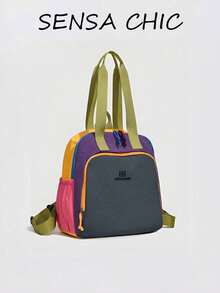 Mochila de nailon ligera con combinación de colores, mochila tote de gran capacidad con transporte bidireccional y detalle de cordón para viajes escolares - Multicolor - Ver 6