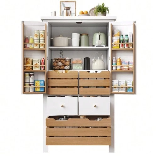 Kitchen Cabinet (80 X 40 X 140 Cm), Tall Sideboard, Multifunctional Sideboard, Storage Unit With Two Doors And Five Drawers, Black And White - 白色 - 查看 1