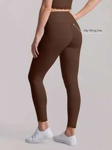Sodalemon Women's Elastic Waist Yoga Leggings, Contrast Color Lace Solid Color Fitness Bottoms, Running Workout Pants - Brown - View 3