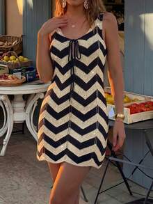 Boho Sexy Women's Short Knit Semi-Sheer Pattern Cover Up Dress,Sleeveless V-Neck Sundress For Summer Beach Holidays Vacation - Multicolor - View 4