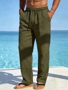 Men's Spring/Summer Lightweight Casual Long Pants, Minimalist Solid Color Pocket Drawstring Pants, Comfortable Loose Linen Long Pants 2 Pieces - Green - View 3