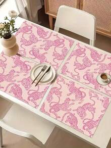 1pc Vintage Pink Line Drawing Leopard Pattern Printed Linen Table Runner, Placemat, Suitable For Holiday, Party, Birthday, Dinner, Kitchen Dining Table Decoration, Shoe Cabinet Storage Cabinet Cover, All Season Room Decor, Home Textile Decoration Table Runner, Placemat - Multicolor - View 4