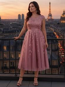 EVERPRETTY 大尺碼女款圓領短袖灰粉色婚禮賓客洋裝，花卉亮片中長洋裝，半正式舞會禮服 - 藕粉色 - 查看 2