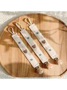 1pc Infant Pacifier Clip With Wooden Bead, Heart Bear Design, Cartoon Embroidery, Teether, Hanging Rope Anti-Drop Chain - White - View 3