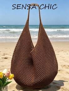 Minimalist Water Drop Hollow Woven Shoulder Bag, Breathable Mesh Large Tote Bag, Suitable For Outdoor Walking And Daily Use (No Lining, Soft Material) - Coffee Brown - View 3
