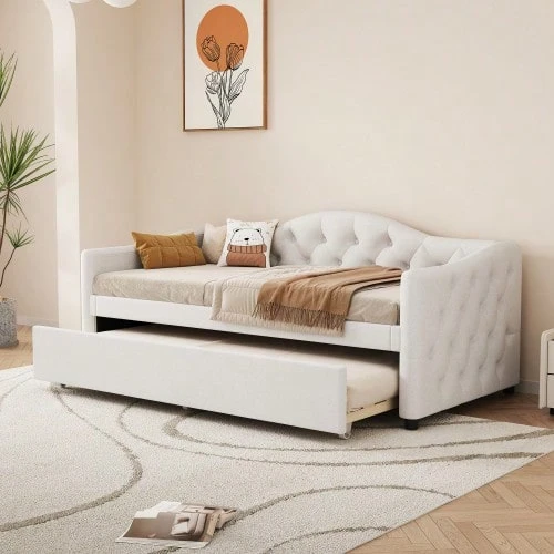 Daybed, 90x200cm Daybed With Pull-Out Bed, - Beige - View 1