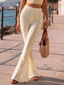Women's Apricot Boho High-Waisted Sheer Lace Flare Pants, Perfect For Beach Outings, Everyday Wear, Or A Street-Chic Edgy-Yet-Innocent Look. - Apricot - View 6