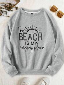 Women's Cotton Blend Lightweight Crewneck Sweatshirt The Beach Is My Happy Place Print All Seasons Casual Back To School Family Holiday Wear - Grey - View 2