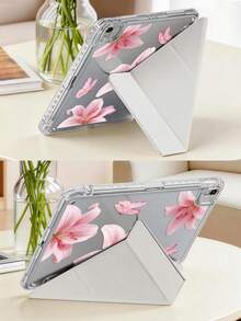 1pc Transparent Acrylic Y-Fold Pink Lily & Leopard Print Tablet Protective Case, Compatible With IPad Models, Double-Sided Painted Pattern Protective Shell, High-Transparency Acrylic Back Cover Anti-Bend Anti-Scratch Anti-Drop, 8-Fold Adjustable Stand, Foldable Tablet Case Protective Cover, Magnetic/Auto Sleep/Wake, Fun/Creative/Personalized, Built-In Pen Slot, Product Does Not Include Pen, Some Models Equipped With Camera Frame - Multicolor - View 6