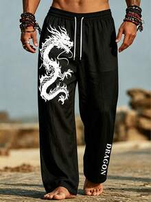 Men's Black Chinese Dragon Print Wide Leg Pants Elastic Drawstring Waist Loose Casual Trousers With Dragon Letter Graphic - Multicolor - View 1