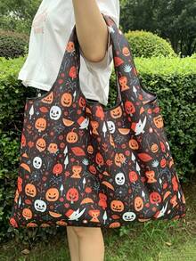 2pcs/1pc Halloween Pumpkin Lantern Tote Bag - Lightweight Foldable Tote Bag With Handle And Shoulder Strap. This Large Capacity Shoulder Bag Perfectly Combines Fashion Aesthetics, Lightweight Portability And Excellent Practicality. - Multicolor - View 2