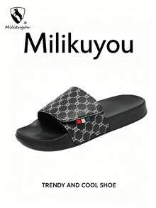Milikuyou[ 春夏新款 ]男士運動拖鞋 黑色復古圖案，時尚高端，舒適露趾拖鞋，浴室拖鞋，沙灘拖鞋，休閒街頭穿搭，必備單品，適合沙灘、居家、泳池和日常穿著，尺寸：38-48 - 灰色 - 查看 17