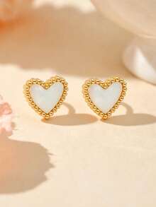 1 Set/3 Pieces Classic Heart Jewelry Set, Waterproof Stainless Steel Collarbone Necklace And Stud Earrings Set For Women - Heart - View 8