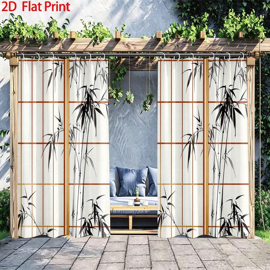 1pc/2pcs Outdoor Curtains, With Hooks, Ink Wash Bamboo Print, Machine Washable, Suitable For Gazebo, Patio And Garden - Printing - View 1