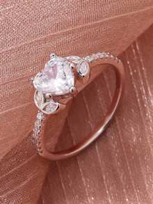 1pc Sparkling Heart-Shaped Cubic Zirconia Women's Ring, Anniversary, Wedding, Proposal, Confession, Engagement, Marriage Ring - Silver - View 1