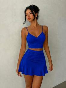 Cross-Border Hot-Selling Women's 2 Pieces Set, Bodycon Mini Skirt, Spaghetti Strap Set Summer Elegant - Blue - View 4