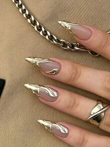 10片裝奢華金箔條紋香檳金不對稱法式全覆蓋假指甲，時尚美甲貼片，適合女性與女孩，附1片果凍膠與1片指甲锉，果凍膠隨機發貨 - 金色 - 查看 1