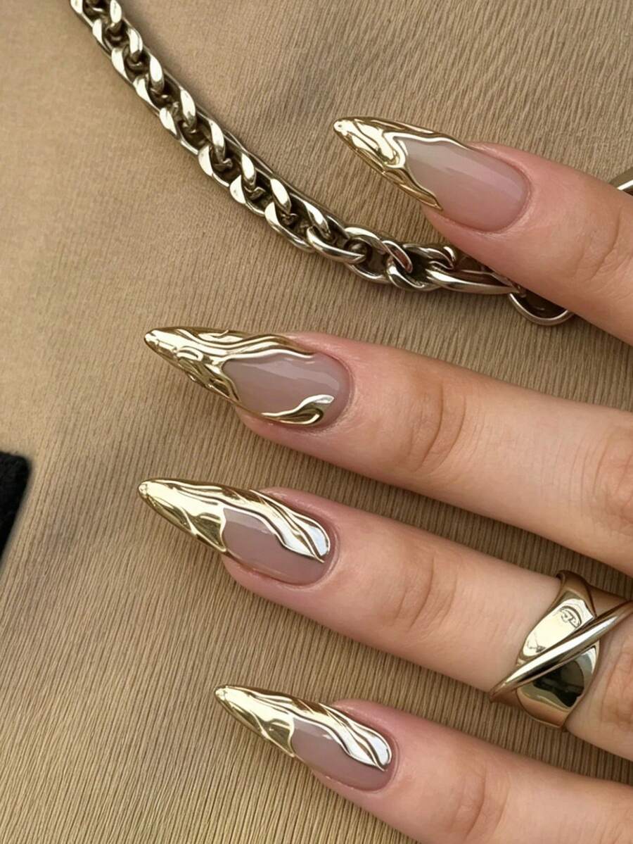 10片裝奢華金箔條紋香檳金不對稱法式全覆蓋假指甲,時尚美甲貼片,適合女性與女孩,附1片果凍膠與1片指甲锉,果凍膠隨機發貨 - 金色 - 查看 1