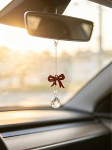 1pc Multi Color Bowknot Crystal Rearview Mirror Hanging Charm, Aesthetic Resin Bow Teardrop Crystal Car Pendant, Women Fashion Car Interior Decor Ornament, Multiple Color Options Auto Accessories Gift - A - View 17